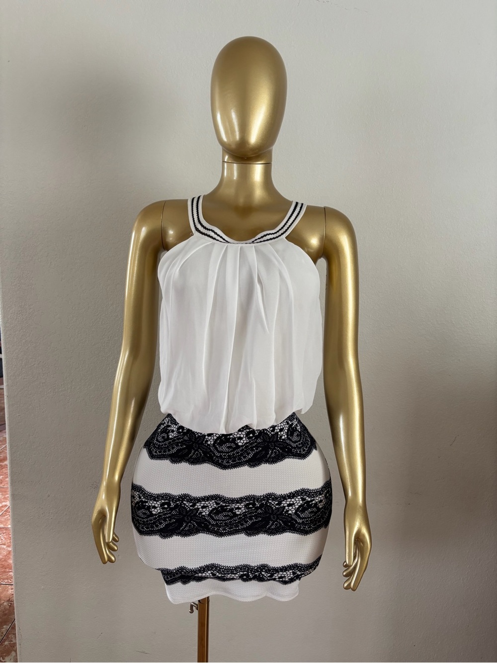 White & Black Lace-Trim Mini Dress